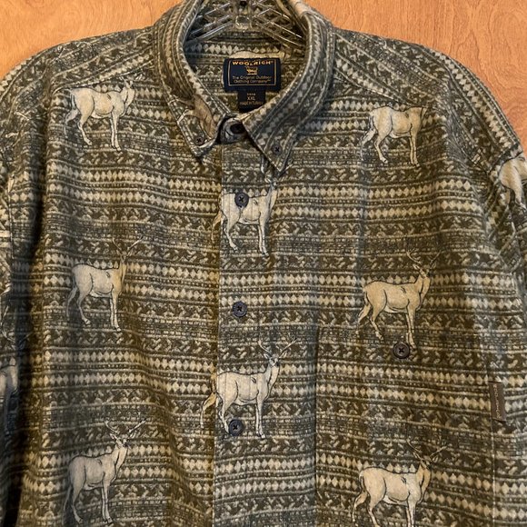 Mens WOOLRICH Sz XXL Green and Tan Pattern w/ Deer Long Sleeve Button Down Shirt - Picture 2 of 7